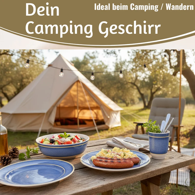 Camping-Geschirr Set 12-teilig Maritim Blau Weiß 4 Personen Picknick