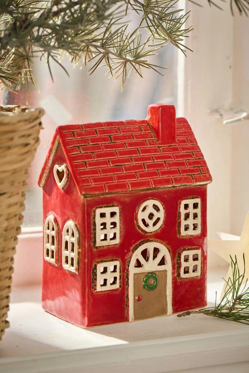 Teelichthaus Lichterhaus Nyhavn 17cm Rot Braun Keramik Fachwerkhaus Teelichthalter