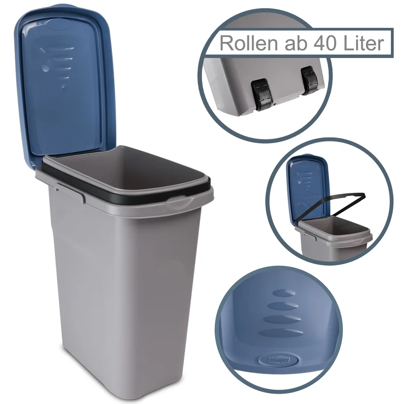 3x 40 Liter Mülleimer Rollen Schmal Deckel Müllsackhalterung Recycling Mülltrennung Abfalleimer Abfallbehälter Müll Küche rechteckig Abfallsammler Kunststoff Eimer Mülltonne