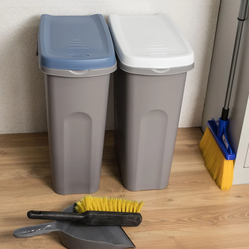 2x 25 Liter Mülleimer schmal grün Deckel Recycling Mülltrennung Abfalleimer Abfallbehälter Müll Küche rechteckig Abfallsammler Kunststoff Eimer Mülltonne Müllsackhalterung