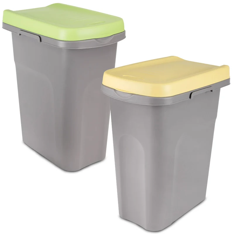 2x 25 Liter Mülleimer schmal grün Deckel Recycling Mülltrennung Abfalleimer Abfallbehälter Müll Küche rechteckig Abfallsammler Kunststoff Eimer Mülltonne Müllsackhalterung