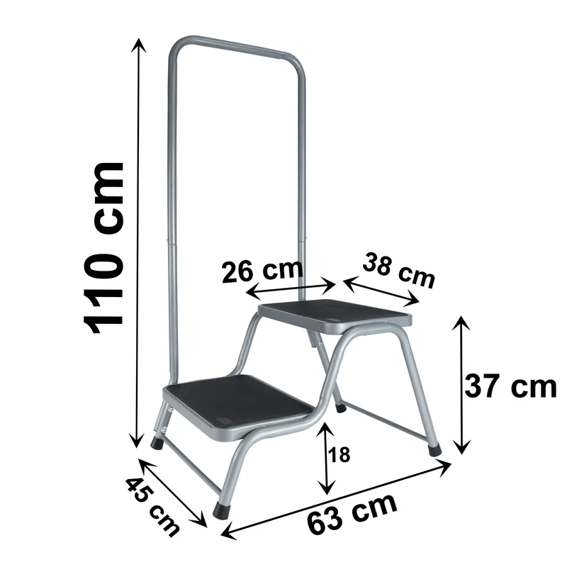 Caravan Trittleiter 2 Stufen Leiter 45x64x38 cm mit Haltegriff aus Stahl bis zu 150kg belastbar mit Anti-Rutsch-Trittfläche Doppeltrittstufe Einstiegshilfe Wohnwagen Wohnmobil Doppelstufe Zweistufiger Tritthocker