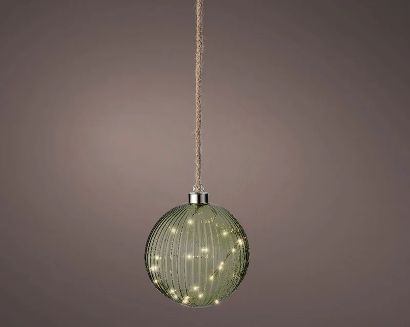 XL Deko Glas Lichtkugel 30LED 14cm Grün Silber Glaskugel Timer Batterie Anhängen