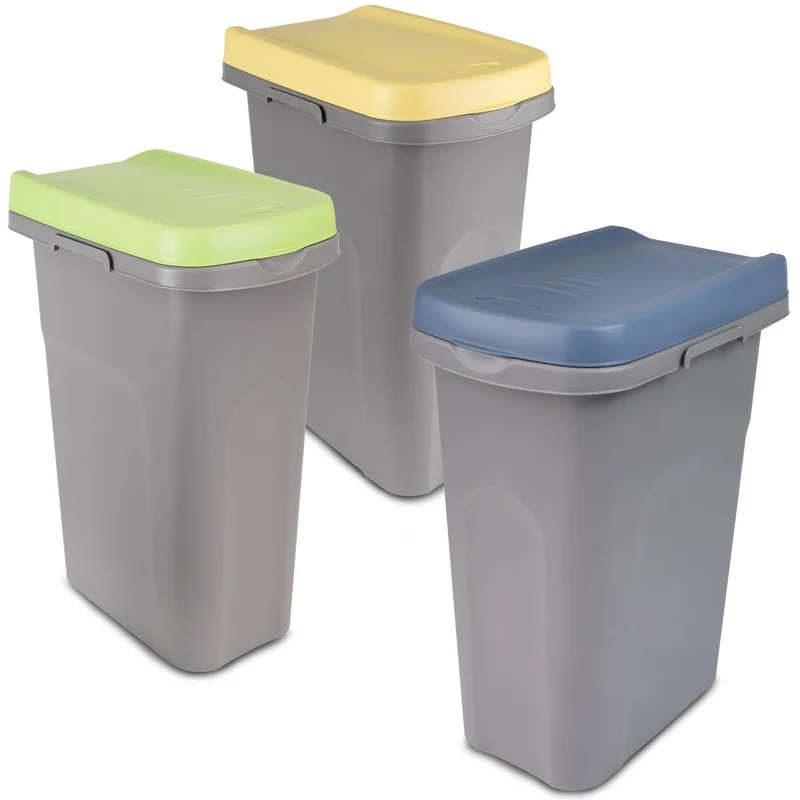 3x Mülleimer 15 Liter schmal Deckel Recycling Mülltrennung Abfalleimer Abfallbehälter Müll Küche rechteckig Abfallsammler Kunststoff Eimer Mülltonne Schmal Müllsackhalterung