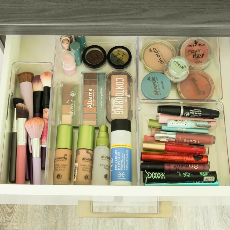 Schubladen Ordnungssystem 32x16 cm klar transparent 5,5 cm hoch Antislip - Organizer für Schminktisch Kosmetik Bad Küche Büro Box Kiste Besteck Aufbewahrungsbox klein Ordnungsbox Schubladeneinsatz