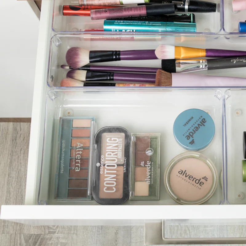Schubladen Ordnungssystem 24x16 cm klar transparent 5,5 cm hoch Antislip - Organizer für Schminktisch Kosmetik Bad Küche Büro Box Kiste Besteck Aufbewahrungsbox klein Ordnungsbox Schubladeneinsatz