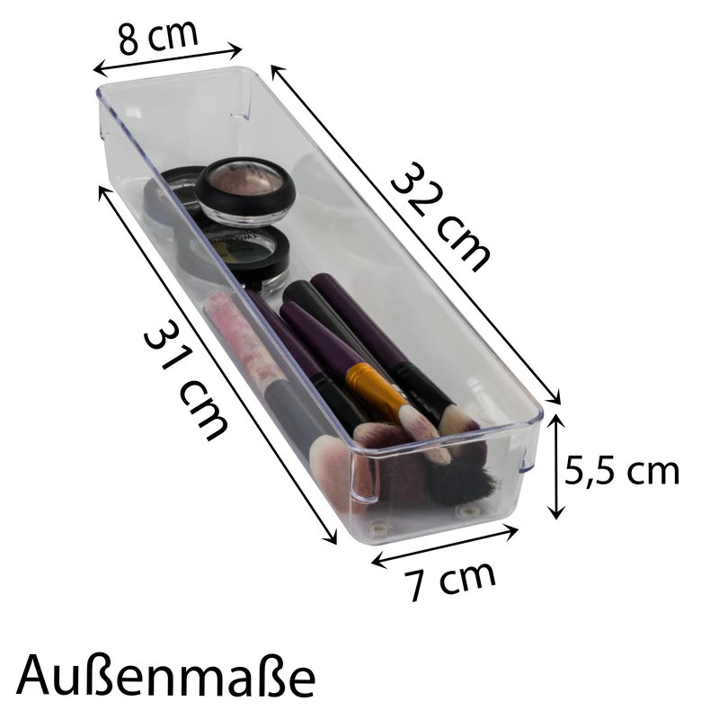 Schubladen Ordnungssystem 32x8 cm klar transparent 5,5 cm hoch Antislip - Organizer für Schminktisch Kosmetik Bad Küche Büro Box Kiste Besteck Aufbewahrungsbox klein Ordnungsbox Schubladeneinsatz