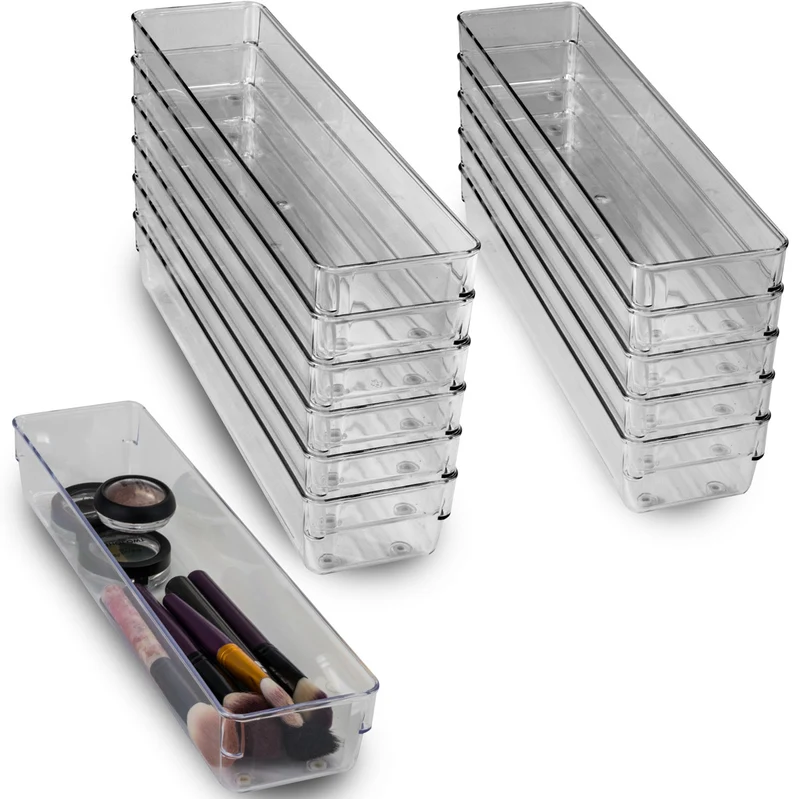 Schubladen Ordnungssystem 32x8 cm klar transparent 5,5 cm hoch Antislip - Organizer für Schminktisch Kosmetik Bad Küche Büro Box Kiste Besteck Aufbewahrungsbox klein Ordnungsbox Schubladeneinsatz