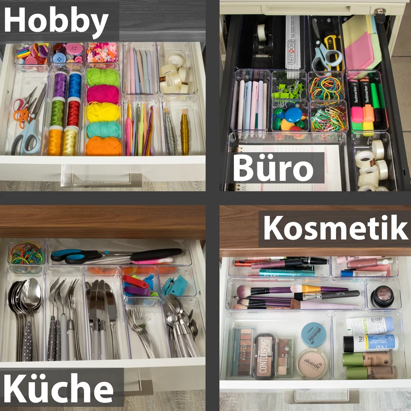 Schubladen Ordnungssystem 8x8 cm klar transparent 5 cm hoch Antislip - Organizer für Schminktisch Kosmetik Bad Küche Büro Box Kiste Besteck Aufbewahrungsbox klein Ordnungsbox Schubladeneinsatz