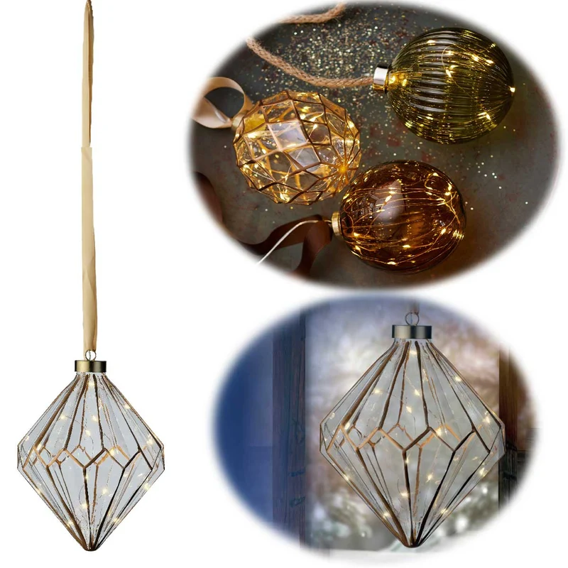 XL Deko Glas Lichtkugel 15 LED 16cm Diamant Klar Gold Timer Batterie Gold zum Anhängen