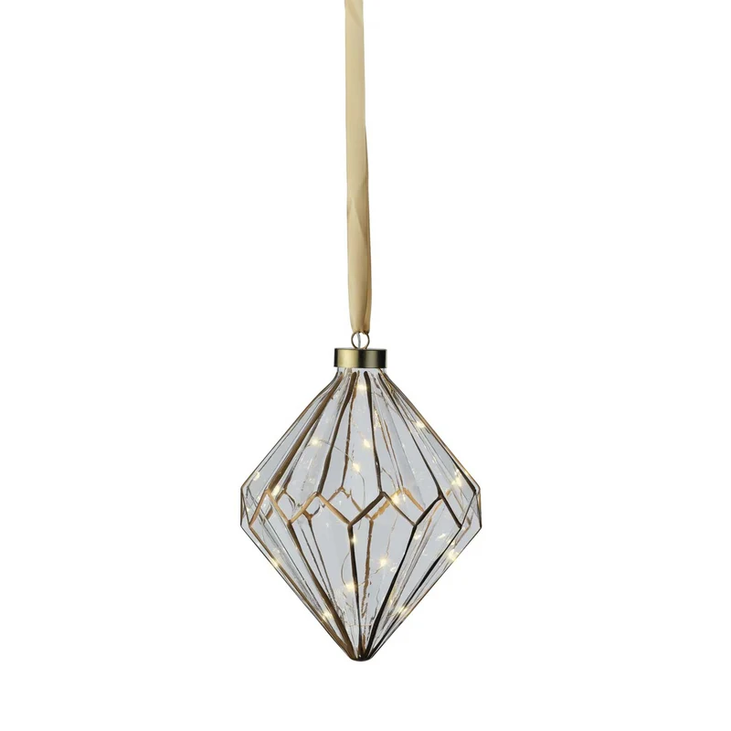 XL Deko Glas Lichtkugel 15 LED 16cm Diamant Klar Gold Timer Batterie Gold zum Anhängen