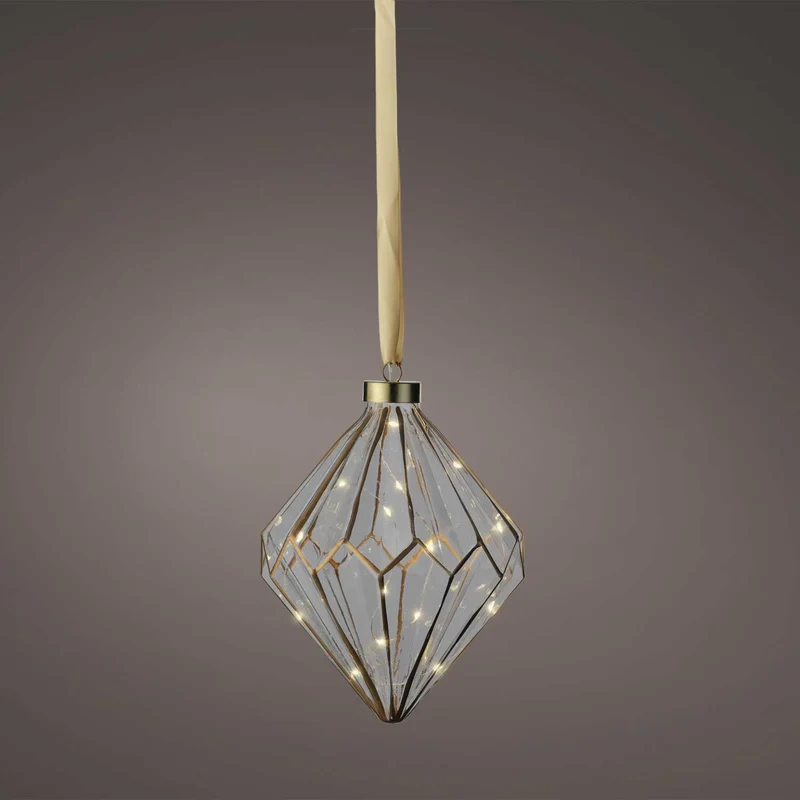 XL Deko Glas Lichtkugel 15 LED 16cm Diamant Klar Gold Timer Batterie Gold zum Anhängen