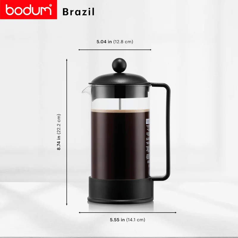 Bodum French Press Brazil - 1L / 8 Tassen Kaffeezubereiter - Hitzebeständiges Glas & Edelstahlfilter - BPA-frei Spülmaschinenfest - Klassische Pressstempelkanne - Made in Portugal