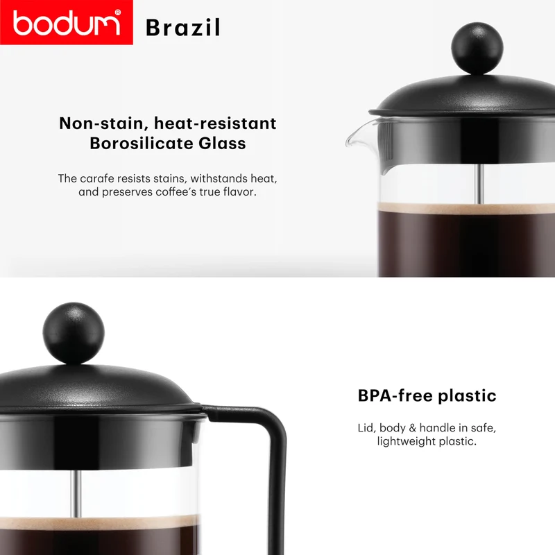 Bodum French Press Brazil - 1L / 8 Tassen Kaffeezubereiter - Hitzebeständiges Glas & Edelstahlfilter - BPA-frei Spülmaschinenfest - Klassische Pressstempelkanne - Made in Portugal
