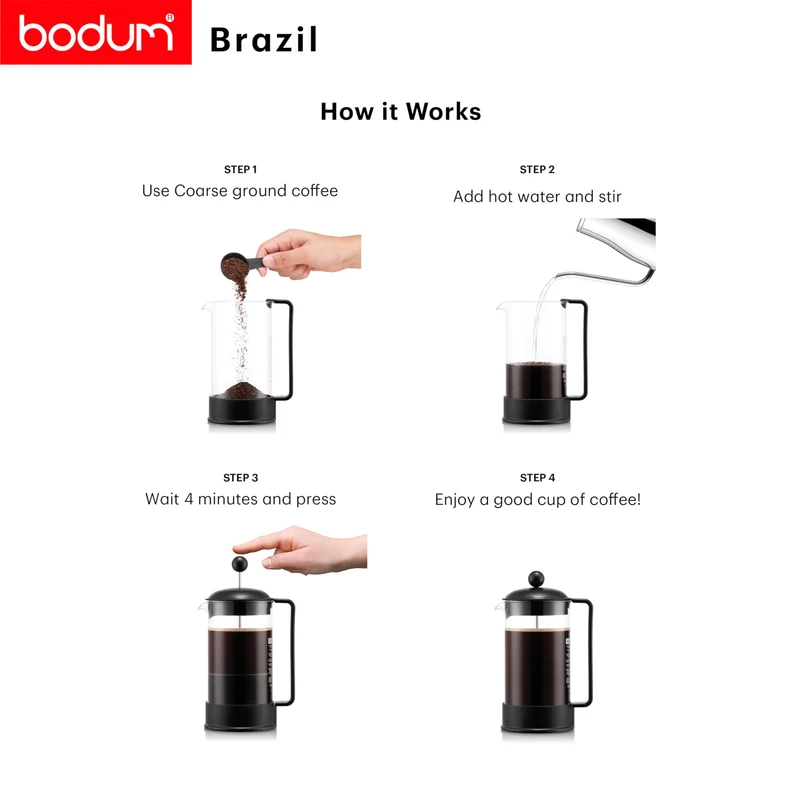 Bodum French Press Brazil - 1L / 8 Tassen Kaffeezubereiter - Hitzebeständiges Glas & Edelstahlfilter - BPA-frei Spülmaschinenfest - Klassische Pressstempelkanne - Made in Portugal