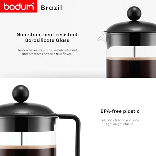 Bodum French Press Brazil - 1L / 8 Tassen Kaffeezubereiter - Hitzebeständiges Glas & Edelstahlfilter - BPA-frei Spülmaschinenfest - Klassische Pressstempelkanne - Made in Portugal