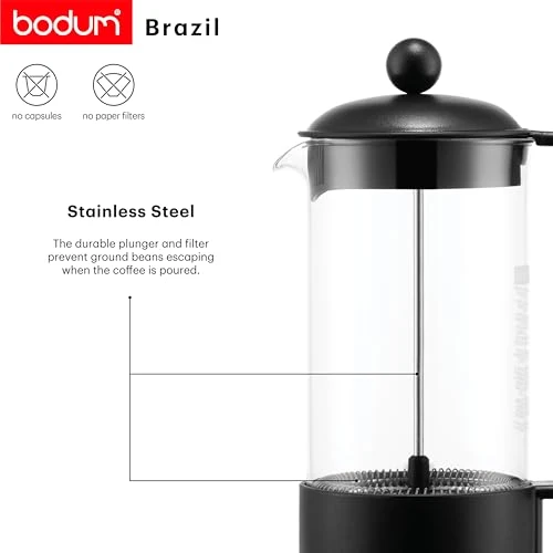 Bodum French Press Brazil - 1L / 8 Tassen Kaffeezubereiter - Hitzebeständiges Glas & Edelstahlfilter - BPA-frei Spülmaschinenfest - Klassische Pressstempelkanne - Made in Portugal