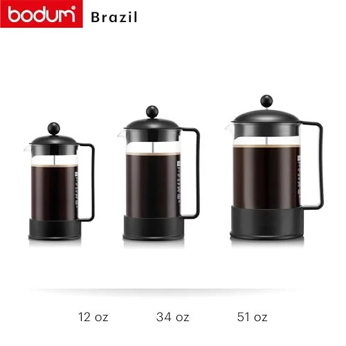 Bodum French Press Brazil - 1L / 8 Tassen Kaffeezubereiter - Hitzebeständiges Glas & Edelstahlfilter - BPA-frei Spülmaschinenfest - Klassische Pressstempelkanne - Made in Portugal