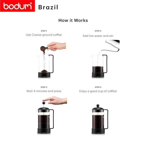 Bodum French Press Brazil - 1L / 8 Tassen Kaffeezubereiter - Hitzebeständiges Glas & Edelstahlfilter - BPA-frei Spülmaschinenfest - Klassische Pressstempelkanne - Made in Portugal