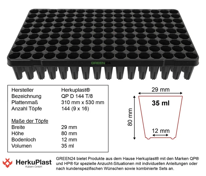 GREEN24 Anzuchtplatte Topfplatte mit 144 Töpfen extra hoch für die Anzucht von Bäumen und Tiefwurzlern - 144er Topfpalette extra stabil Plattentöpfe Pflanztöpfe