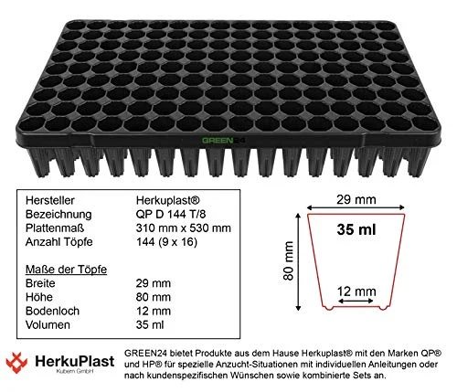 GREEN24 Anzuchtplatte Topfplatte mit 144 Töpfen extra hoch für die Anzucht von Bäumen und Tiefwurzlern - 144er Topfpalette extra stabil Plattentöpfe Pflanztöpfe