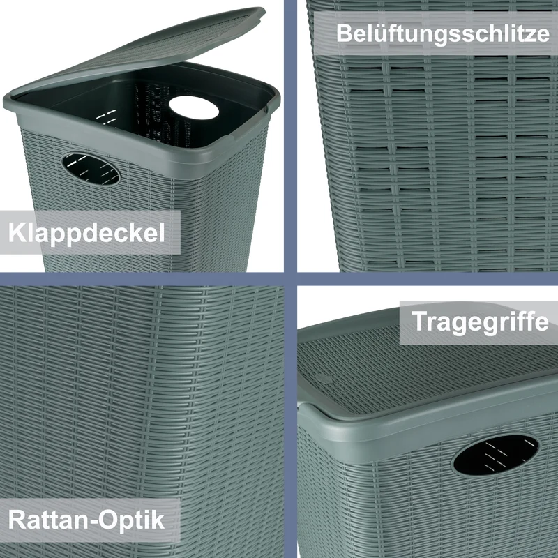 Wäschekorb 36 Liter schmal Grün - Rattanoptik mit Deckel aus recycletem Kunststoff - Wäschesammler mit Löcher 39x29x54cm Wäschebox Wäschesortierer Haushaltskorb Korb Haushalt Wäschetruhe Wäschetonne