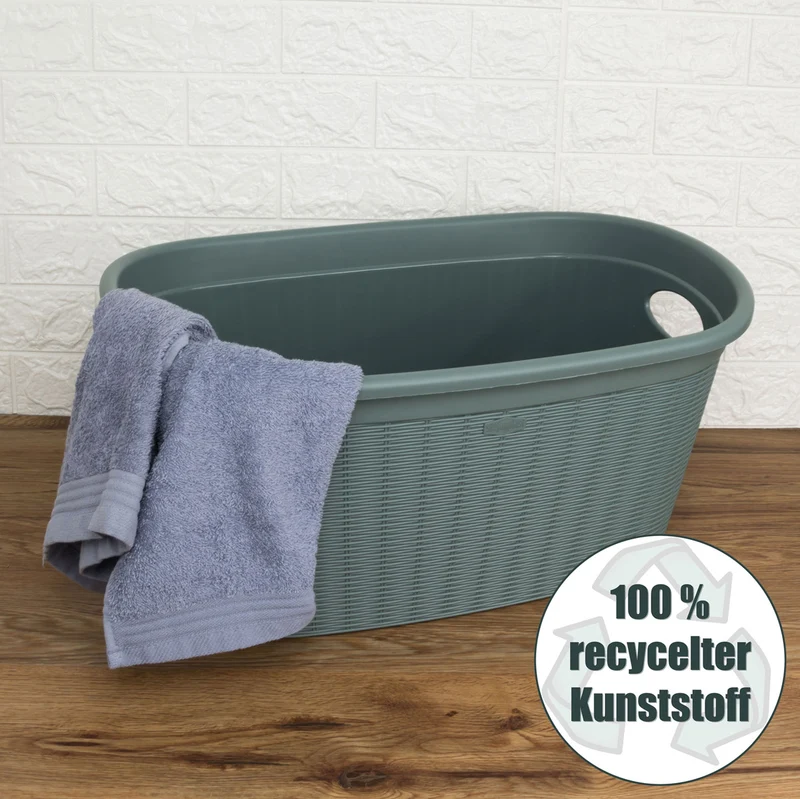 Wäschekorb 35 Liter grün mit 2 Griffen - 57x37x27 cm Rattan-Design ohne Löcher - aus recycletem Kunststoff Haushaltskorb Wäschewanne Tragekorb Wäschesammler Wäschesortierer Wäschebox - Aufbewahrung