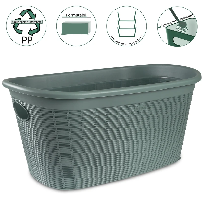 Wäschekorb 35 Liter grün mit 2 Griffen - 57x37x27 cm Rattan-Design ohne Löcher - aus recycletem Kunststoff Haushaltskorb Wäschewanne Tragekorb Wäschesammler Wäschesortierer Wäschebox - Aufbewahrung
