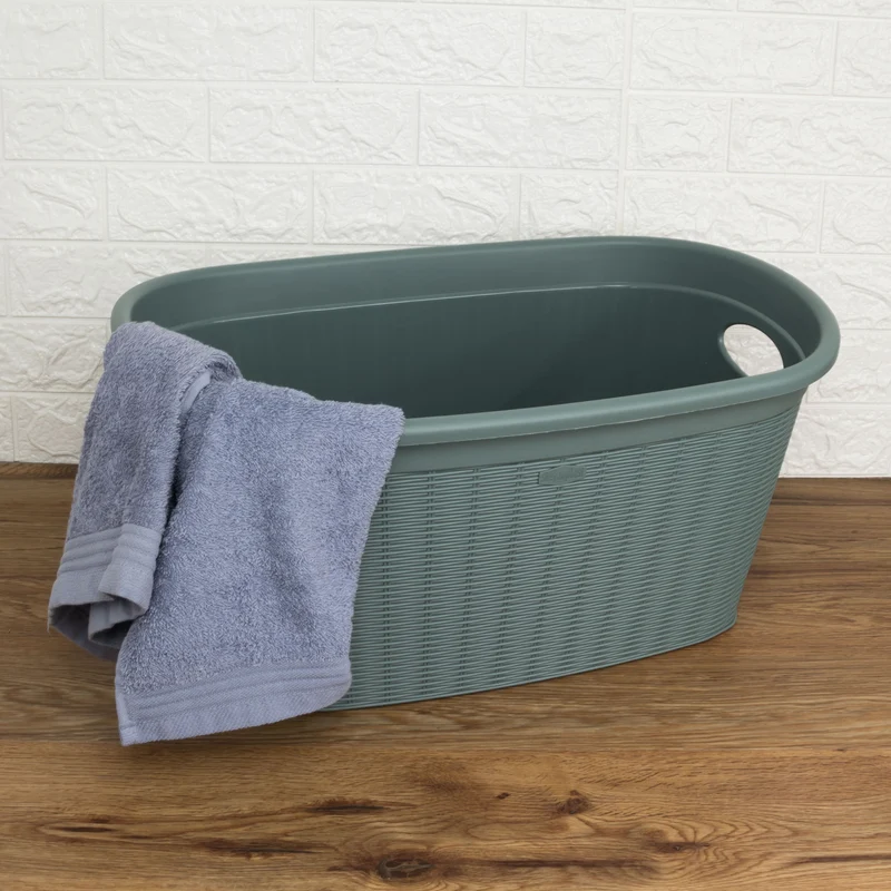 Wäschekorb 35 Liter grün mit 2 Griffen - 57x37x27 cm Rattan-Design ohne Löcher - aus recycletem Kunststoff Haushaltskorb Wäschewanne Tragekorb Wäschesammler Wäschesortierer Wäschebox - Aufbewahrung