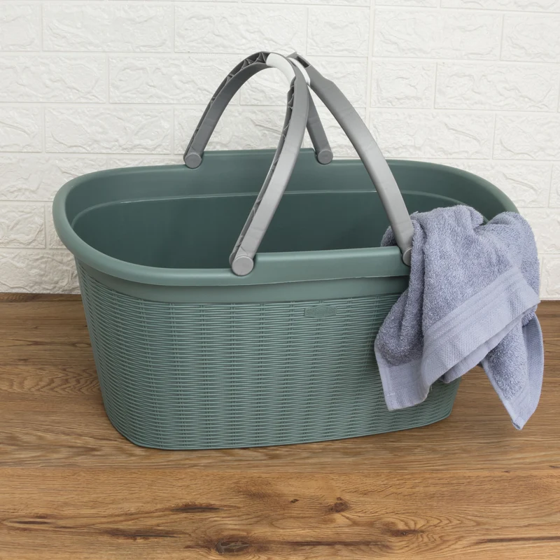 Wäschekorb 35 Liter grün mit 2 Henkeln - 57,5x37x29 cm Rattan-Design ohne Löcher - aus recycletem Kunststoff Haushaltskorb Wäschewanne Tragekorb Wäschesammler Wäschesortierer Wäschebox - Aufbewahrung