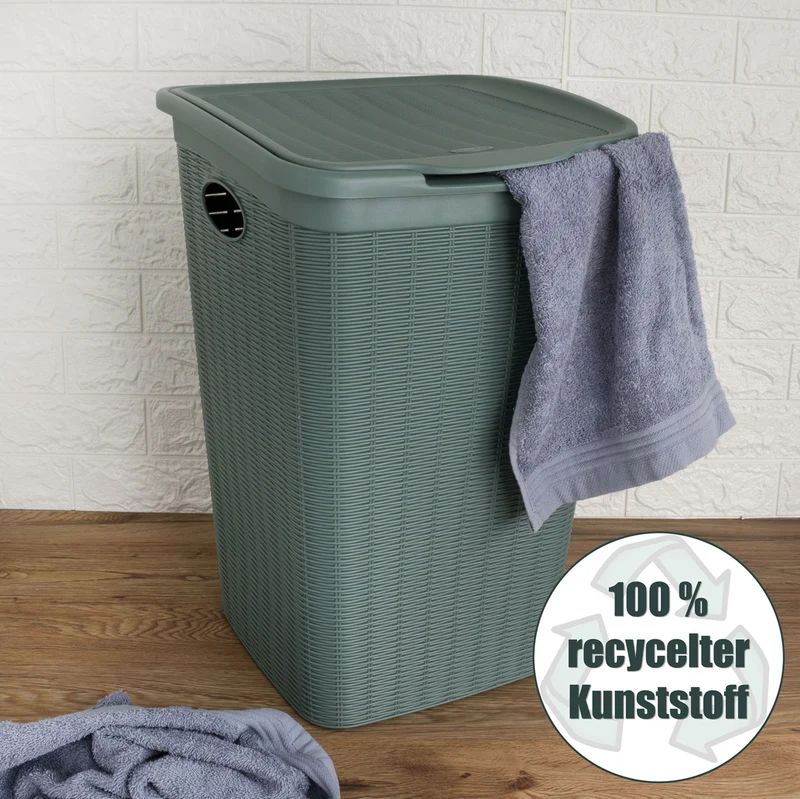 Wäschekorb 50 Liter groß Grün - Rattanoptik mit Deckel - aus recyletem Kunststoff Wäschesammler mit Löcher 38x36x54cm Wäschebox Wäschesortierer Haushaltskorb Haushalt Wäschetruhe Wäschetonne