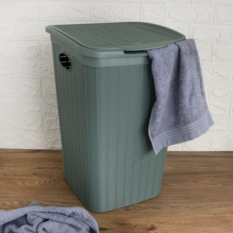 Wäschekorb 50 Liter groß Grün - Rattanoptik mit Deckel - aus recyletem Kunststoff Wäschesammler mit Löcher 38x36x54cm Wäschebox Wäschesortierer Haushaltskorb Haushalt Wäschetruhe Wäschetonne