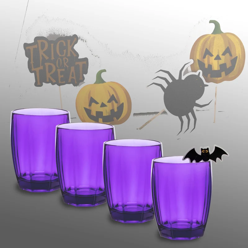 4x Halloween Party Gläser aus Acryl 320ml LILA - Tischdeko Trinkglas Acrylglas Kunststoff Wasserglas Garten Echtglasoptik Picknick Becher Kinder Senioren Longdrink Coktail