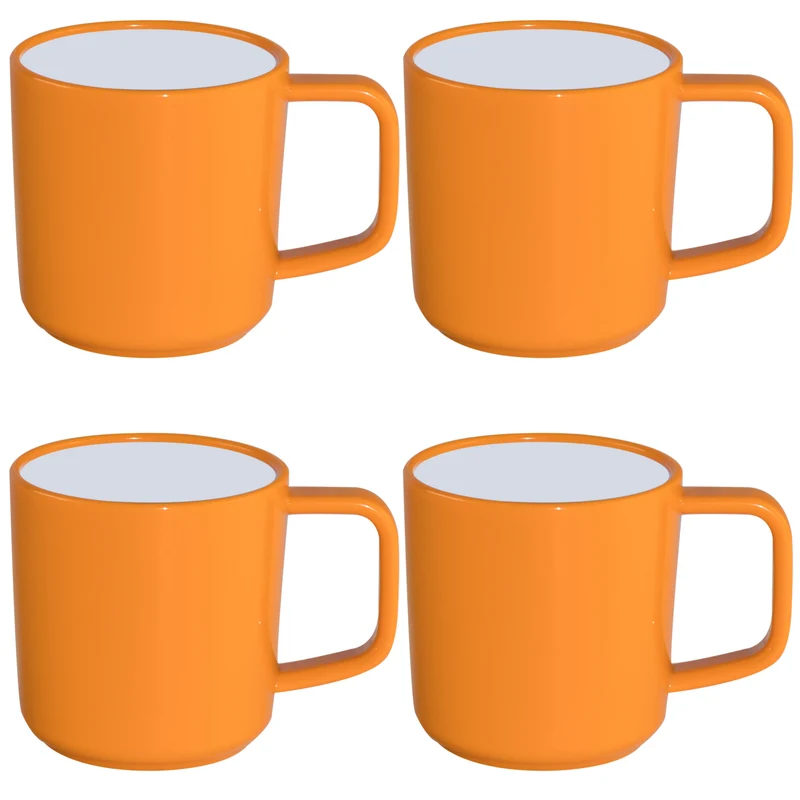 Melamin Geschirr und Acryl Glas Set für 4 Personen - 20 Teile - Campinggeschirr - gelb weiß - mit Trinkglas 400 ml klar und 90 Grad-Tassen aus ABS-Kunststoff Gläsern - Essgeschirr