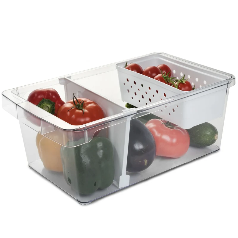Kühlschrank-Organizer mit Körbchen und Trennwand 37x23x14,5 cm durchsichtig mit Griff aus Acryl Aufbewahrungsbox Fridge Organizer Kühlschrankbox BPA-frei Speisekammer transparent Küchenschrank Box