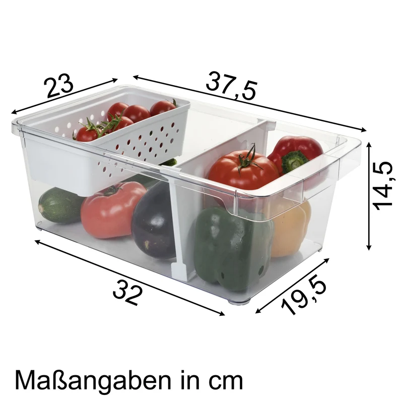 Kühlschrank-Organizer mit Körbchen und Trennwand 37x23x14,5 cm durchsichtig mit Griff aus Acryl Aufbewahrungsbox Fridge Organizer Kühlschrankbox BPA-frei Speisekammer transparent Küchenschrank Box