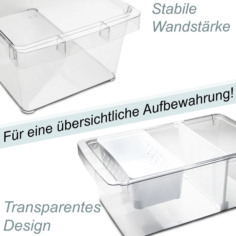Kühlschrank-Organizer mit Körbchen und Trennwand 37x23x14,5 cm durchsichtig mit Griff aus Acryl Aufbewahrungsbox Fridge Organizer Kühlschrankbox BPA-frei Speisekammer transparent Küchenschrank Box