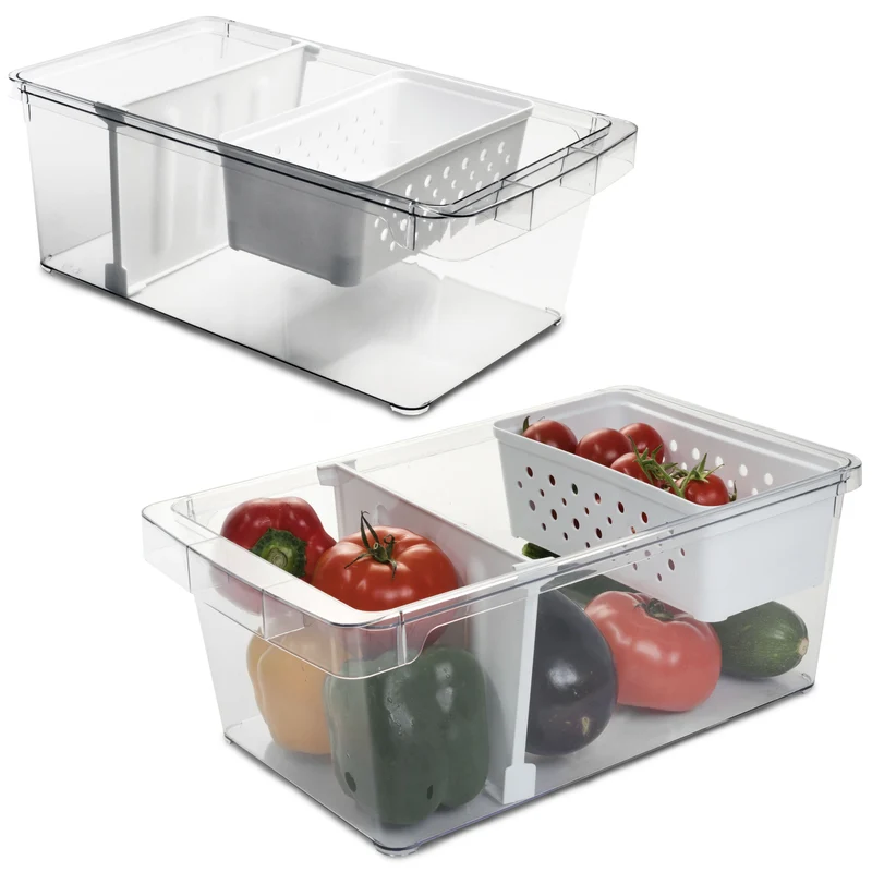 Kühlschrank-Organizer mit Körbchen und Trennwand 37x23x14,5 cm durchsichtig mit Griff aus Acryl Aufbewahrungsbox Fridge Organizer Kühlschrankbox BPA-frei Speisekammer transparent Küchenschrank Box