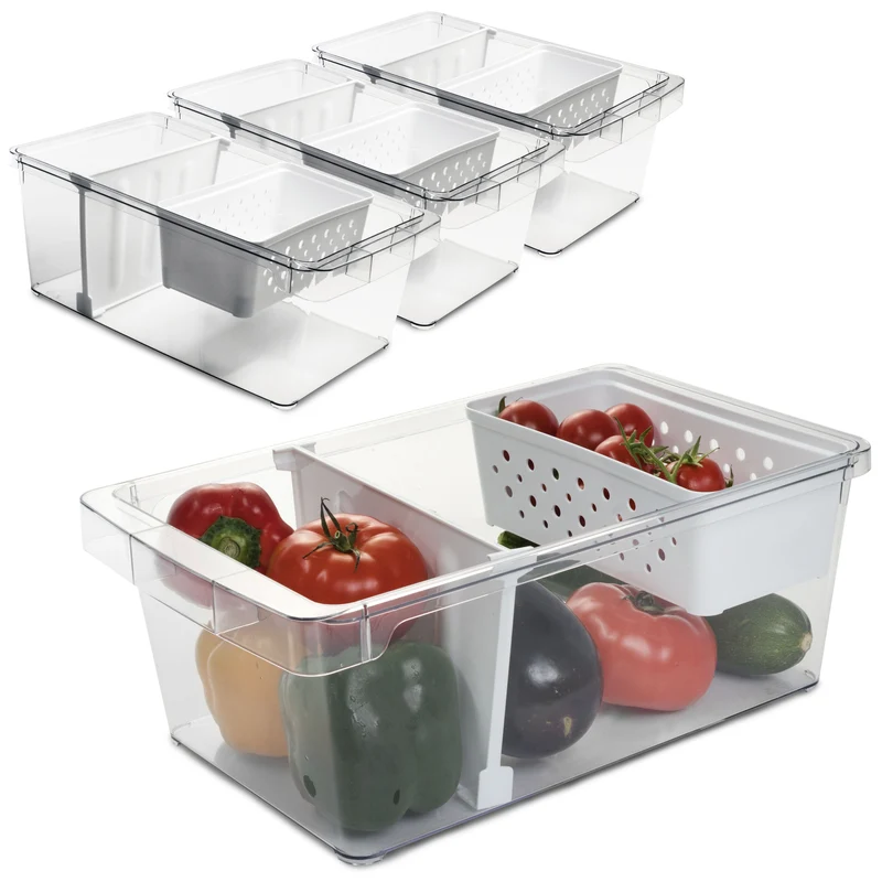 Kühlschrank-Organizer mit Körbchen und Trennwand 37x23x14,5 cm durchsichtig mit Griff aus Acryl Aufbewahrungsbox Fridge Organizer Kühlschrankbox BPA-frei Speisekammer transparent Küchenschrank Box