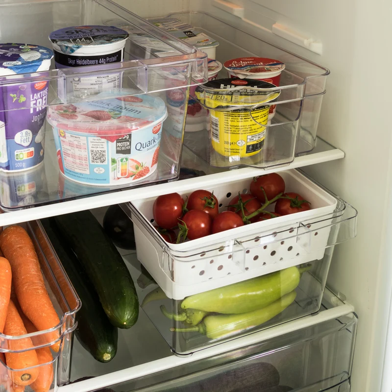 Kühlschrank-Organizer mit Körbchen 37x23x14,5 cm durchsichtig mit Griff aus Acryl Aufbewahrungsbox Fridge Organizer Kühlschrankbox BPA-frei Speisekammer Vorratsschrank transparent Küchenschrank Box