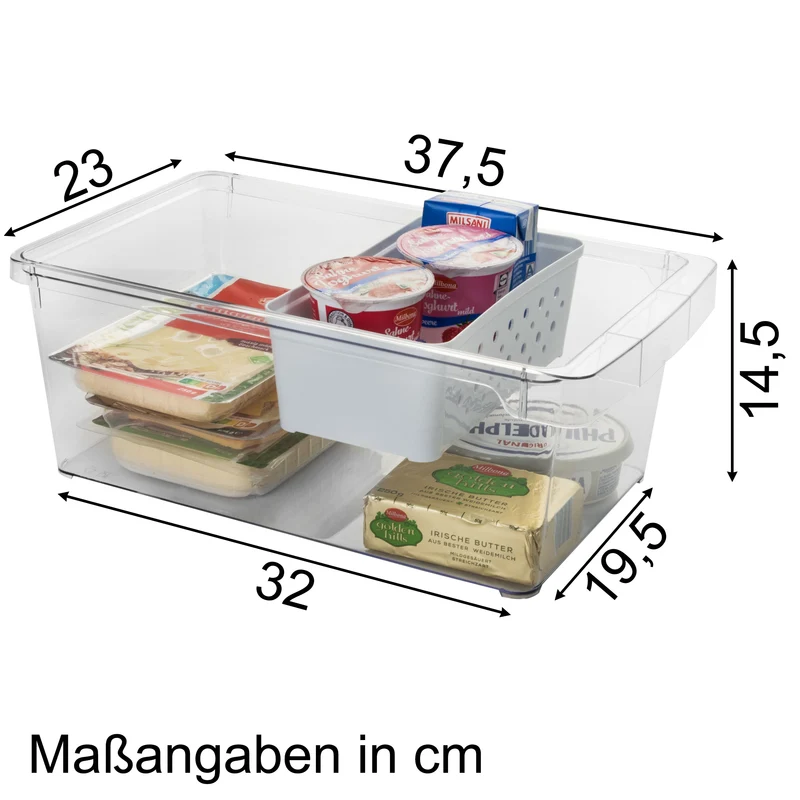 Kühlschrank-Organizer mit Körbchen 37x23x14,5 cm durchsichtig mit Griff aus Acryl Aufbewahrungsbox Fridge Organizer Kühlschrankbox BPA-frei Speisekammer Vorratsschrank transparent Küchenschrank Box