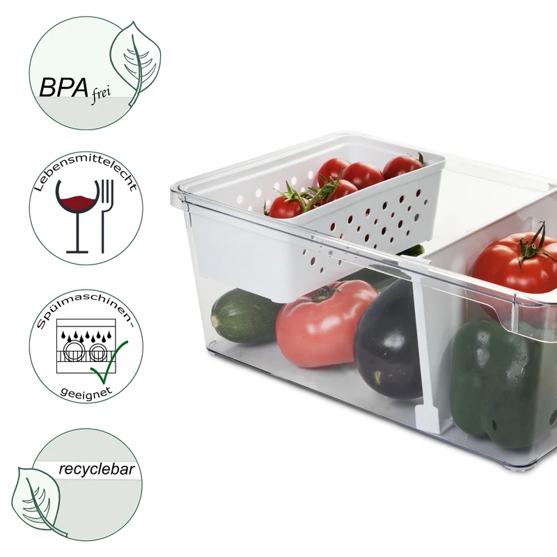 Kühlschrank-Organizer mit Körbchen 37x23x14,5 cm durchsichtig mit Griff aus Acryl Aufbewahrungsbox Fridge Organizer Kühlschrankbox BPA-frei Speisekammer Vorratsschrank transparent Küchenschrank Box