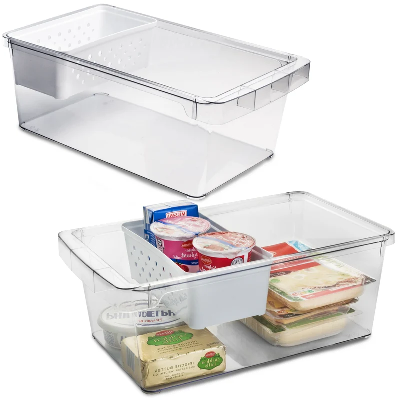 Kühlschrank-Organizer mit Körbchen 37x23x14,5 cm durchsichtig mit Griff aus Acryl Aufbewahrungsbox Fridge Organizer Kühlschrankbox BPA-frei Speisekammer Vorratsschrank transparent Küchenschrank Box