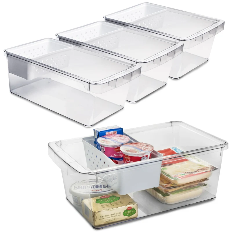 Kühlschrank-Organizer mit Körbchen 37x23x14,5 cm durchsichtig mit Griff aus Acryl Aufbewahrungsbox Fridge Organizer Kühlschrankbox BPA-frei Speisekammer Vorratsschrank transparent Küchenschrank Box