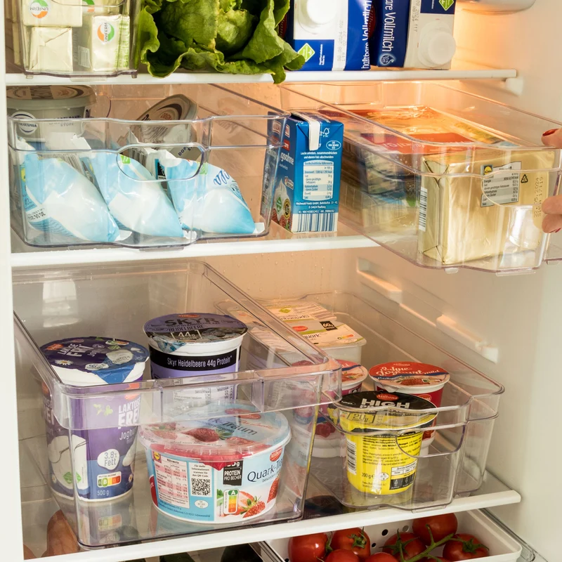 Kühlschrank-Organizer 37x21x9,5 cm durchsichtig stapelbar mit Griff - Aufbewahrungsbox Fridge Organizer Kühlschrankbox BPA-frei Speisekammer Bad Vorratsschrank transparent Küchenschrank Box