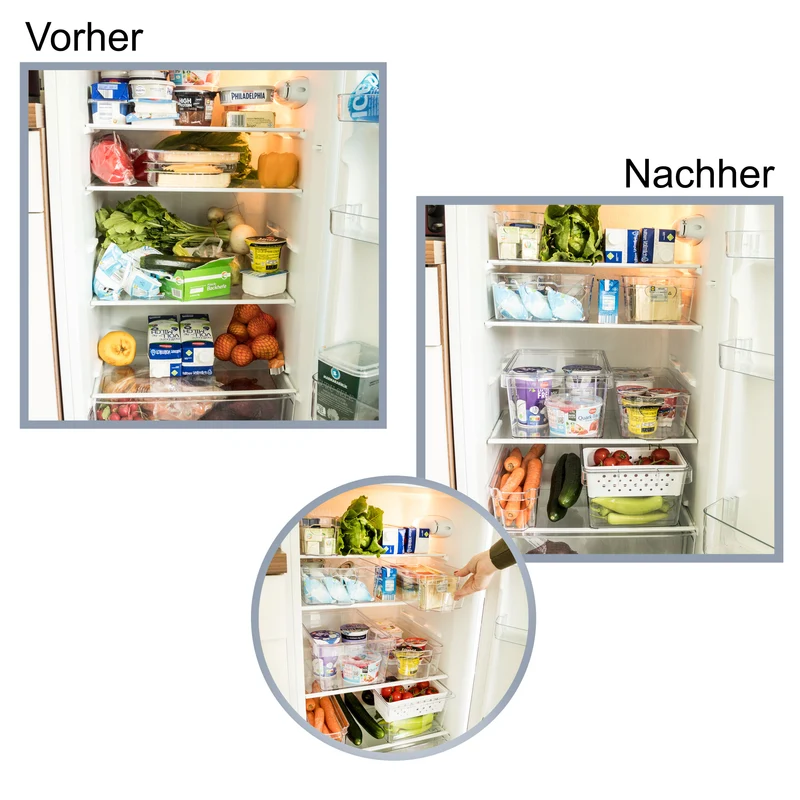 Kühlschrank-Organizer 37x21x9,5 cm durchsichtig stapelbar mit Griff - Aufbewahrungsbox Fridge Organizer Kühlschrankbox BPA-frei Speisekammer Bad Vorratsschrank transparent Küchenschrank Box