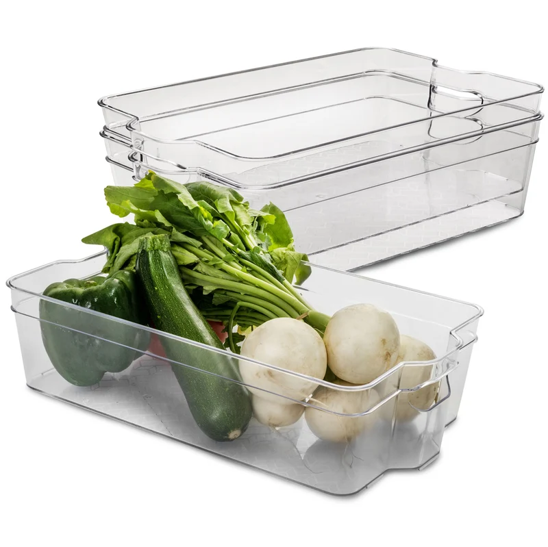 Kühlschrank-Organizer 37x21x9,5 cm durchsichtig stapelbar mit Griff - Aufbewahrungsbox Fridge Organizer Kühlschrankbox BPA-frei Speisekammer Bad Vorratsschrank transparent Küchenschrank Box