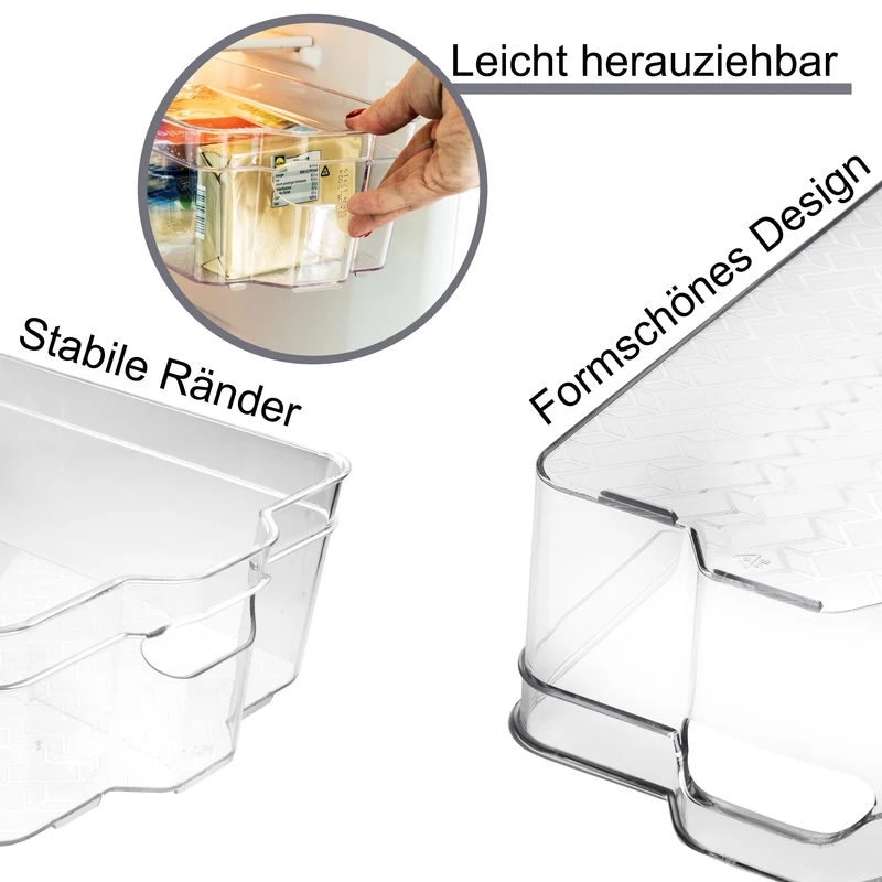 Kühlschrank-Organizer 31x21x9,5 cm durchsichtig stapelbar mit Griff - Aufbewahrungsbox Fridge Organizer Kühlschrankbox BPA-frei Speisekammer Bad Vorratsschrank transparent Küchenschrank Box