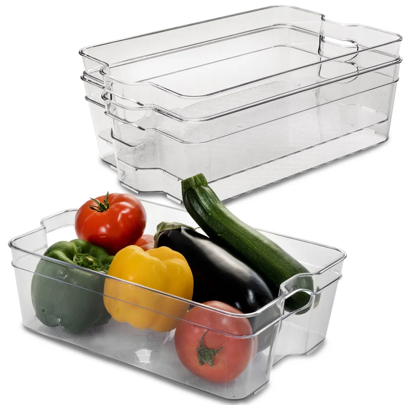 Kühlschrank-Organizer 31x21x9,5 cm durchsichtig stapelbar mit Griff - Aufbewahrungsbox Fridge Organizer Kühlschrankbox BPA-frei Speisekammer Bad Vorratsschrank transparent Küchenschrank Box
