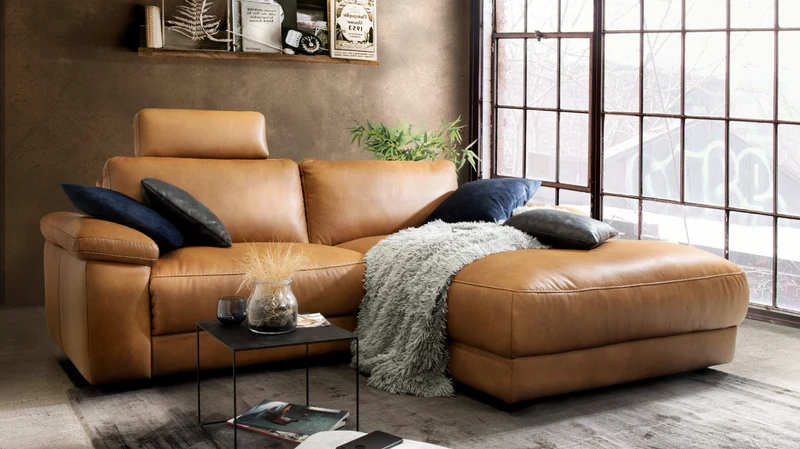 KAWOLA Sofa LOLA Ecksofa Leder cognac mit motorischer Relaxfunktion